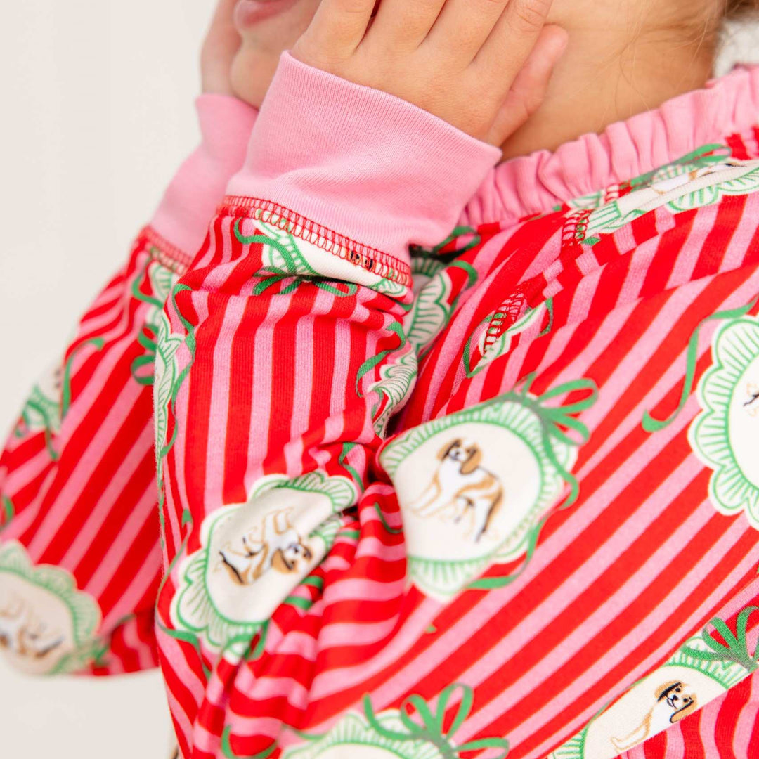 Cassidy Comfy Crewneck - Ruffle Distinguished Doggies with Hamptons Hot Pink