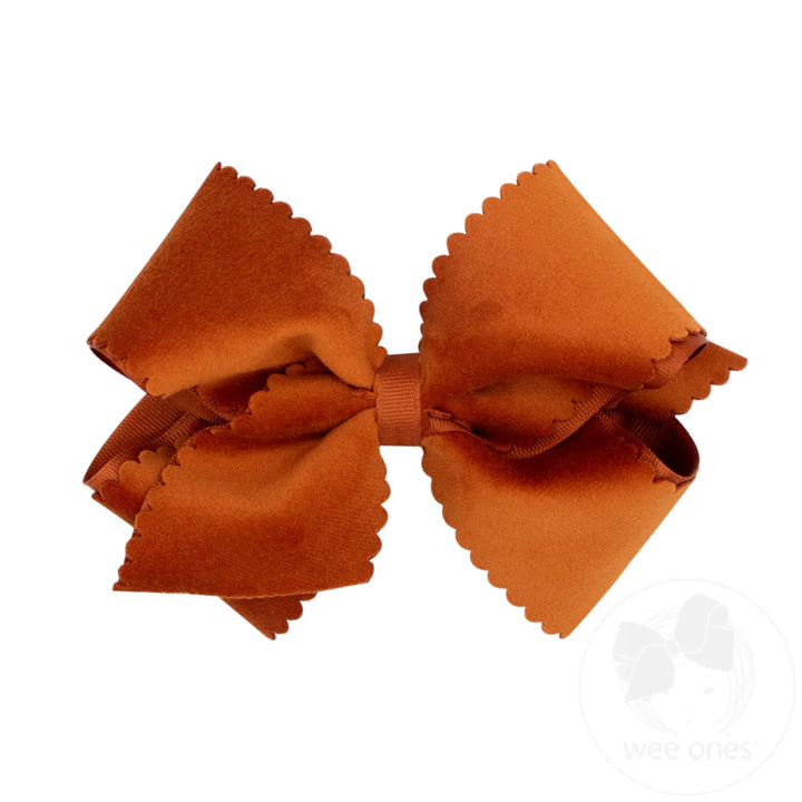 King Grosgrain Hair Bow with Scalloped Edge Faux Velvet Overlay