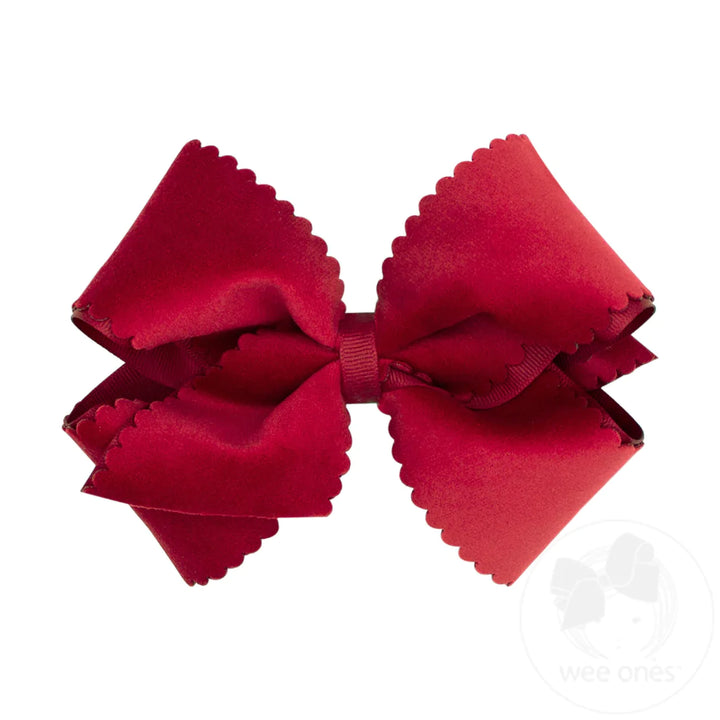 King Grosgrain Hair Bow with Scalloped Edge Faux Velvet Overlay