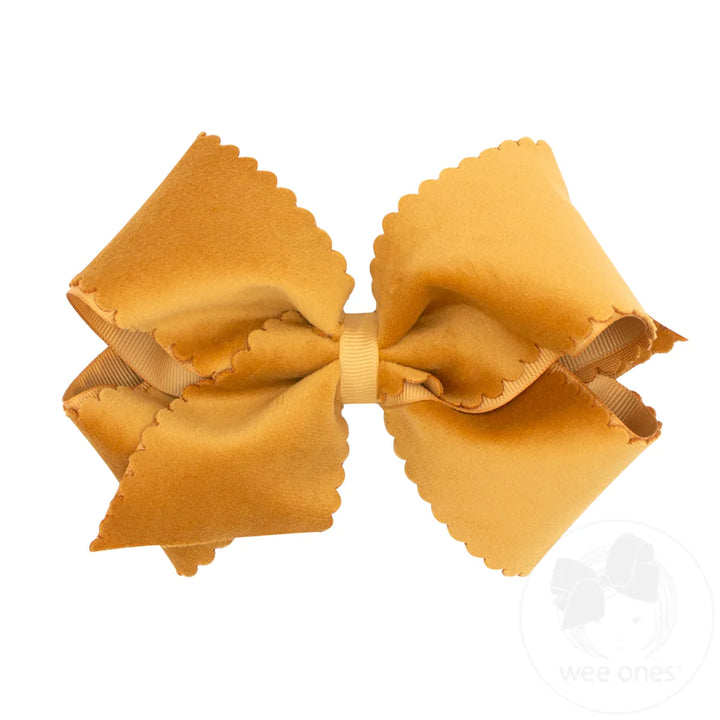 King Grosgrain Hair Bow with Scalloped Edge Faux Velvet Overlay
