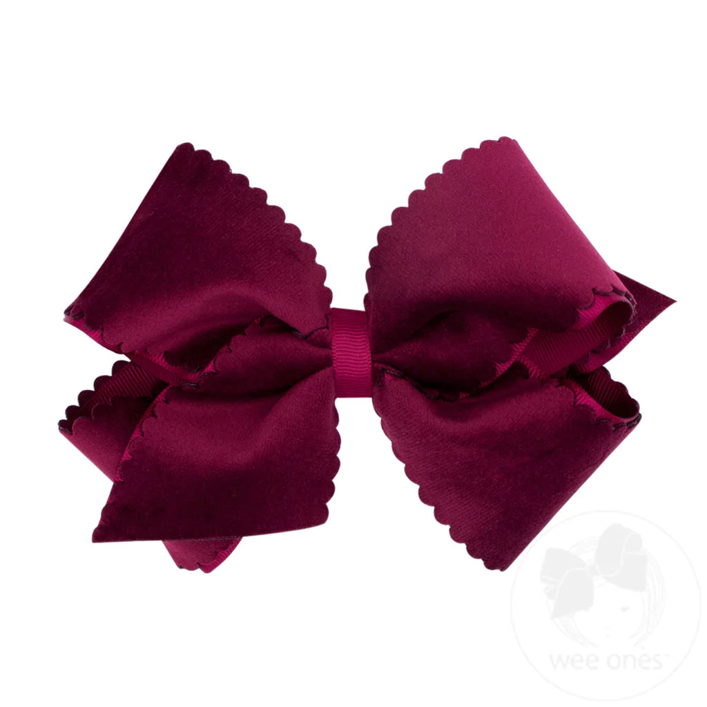 King Grosgrain Hair Bow with Scalloped Edge Faux Velvet Overlay