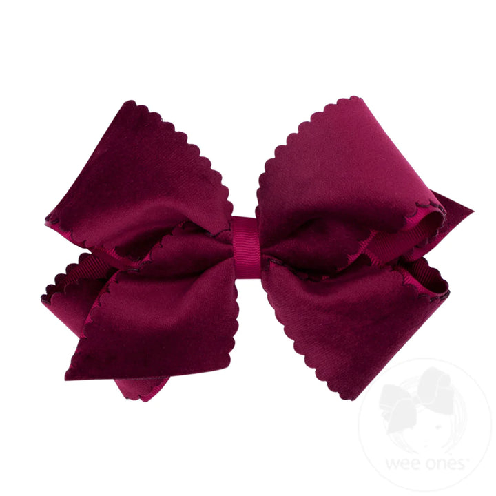 King Grosgrain Hair Bow with Scalloped Edge Faux Velvet Overlay